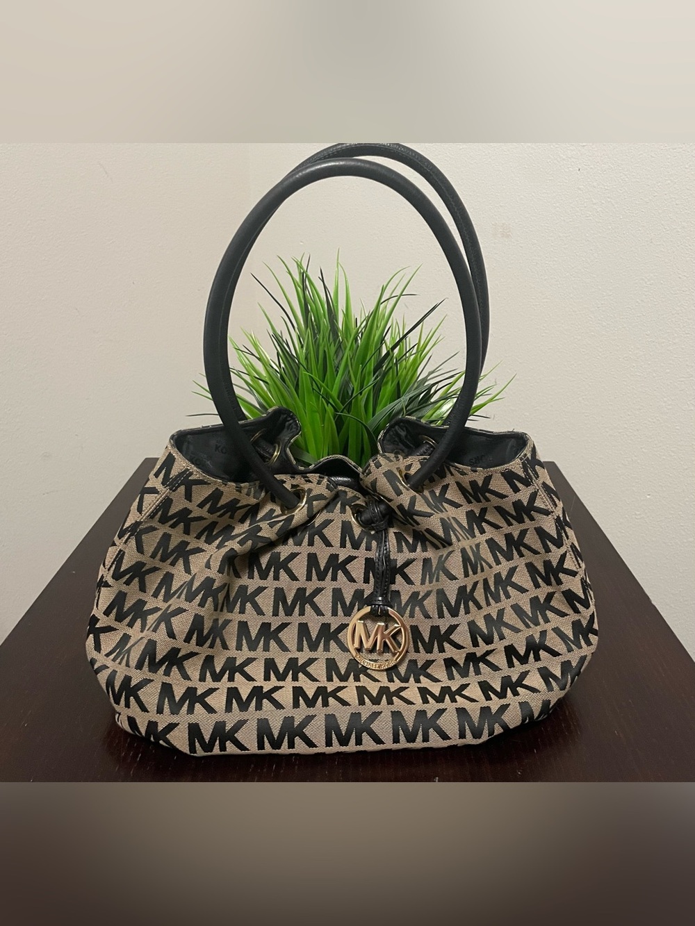Michael Kors Beige and Black MK Logo Shoulder Bag with Gold Charm